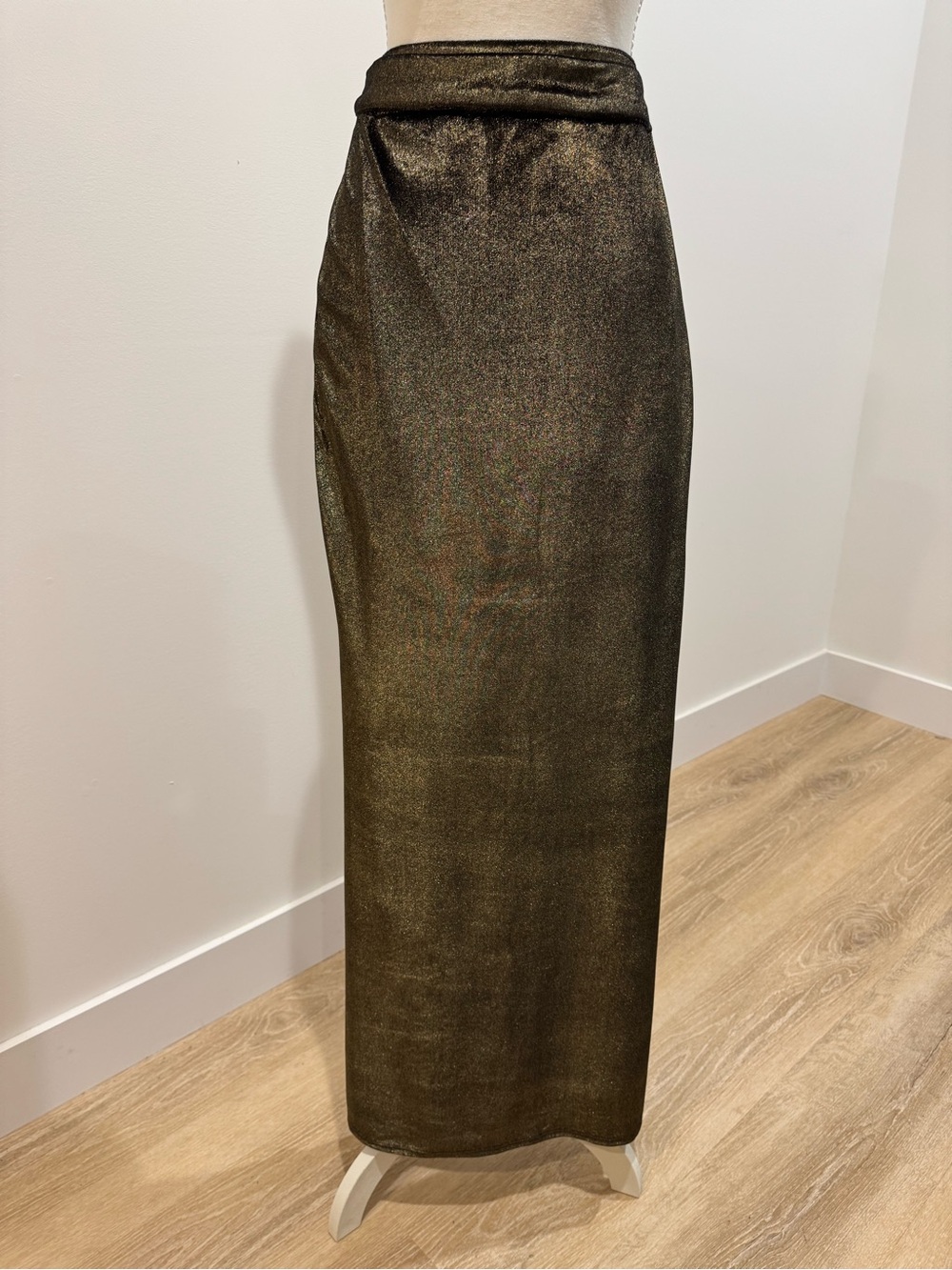 silence + noise velvet stretch pull on Metallic Olive Maxi Skirt sise12 new